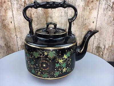 Buy Antique Victorian Staffordshire Ceramic Stoneware Tea Pot Kettle Black Ivy Leaf • 20£