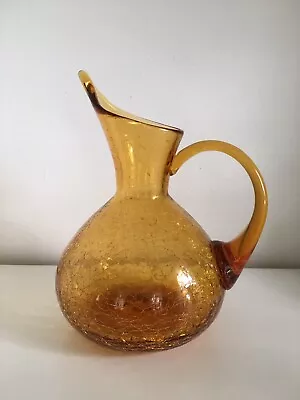 Buy Vintage Amber Yellow Crackle Hand Blown Glass Pitcher Decanter Heavy Rainbow? • 20.24£