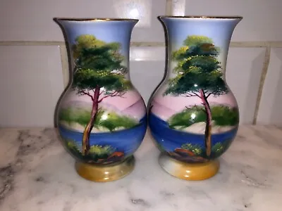 Buy Pair Of Handpainted Noritake Vases 4.5  High Green Stamp A MIRROR IMAGE PAIR • 56.99£