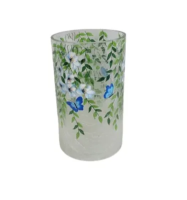 Buy Vintage Clear Crackle Glass Hand Painted Floral Vine Blue Butterfly 8  Vase • 47.42£