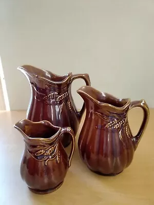 Buy Vintage Arthur Wood Set Of 3 Stoneware Jugs Wheat Design Brown Treacle Glaze Vgc • 20£
