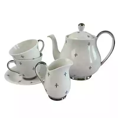 Buy Queen Anne Fine Bone China England Tea Service Set Dainty Silver Metallic VTG • 48.02£