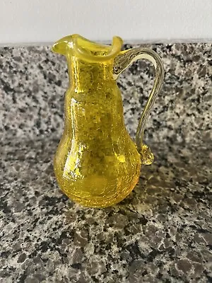 Buy Vintage Hand Blown Yellow Crackle Glass Vase With Ruffled Top • 24.09£