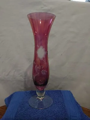 Buy  Vintage Pink Glass Cut Clear Etched Floral Flower Vase  • 13£
