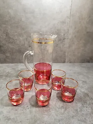Buy Cranberry Red Gold Stripe Pitcher 5 Glasses Shot Cordials • 71.25£