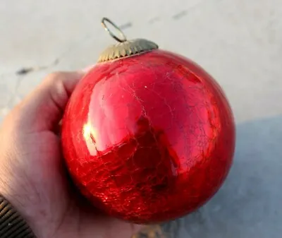 Buy Rare Antique Red Crackled Glass Kugel Ball: Thick Christmas Decorative Ornament • 144.92£