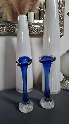 Buy 2 X Blue Scandinavian Glass Bubble Stem Bud Vases Vintage Retro Mid Century • 12£