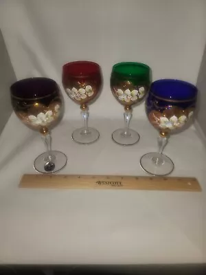 Buy Vintage Bohemian Czech Glass Painted Art Glass Wine Goblets Assorted Colours  • 43.57£