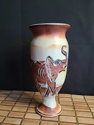 Buy Vintage Etched Art Pottery Elephants Tree Scene Pedestal Vase Handmade Heavy • 28.81£