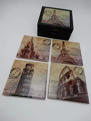 Buy Paris Rome Ceramic Tile Coaster Postcard Set & Wood Box Bangor Gwynedd Wales  • 36.68£