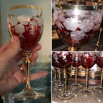 Buy 6 Rare MOSER CZECH CASED FLORAL ENGRAVED TO CLEAR HOCK WINE GLASS GILDED 7 1/4  • 290£