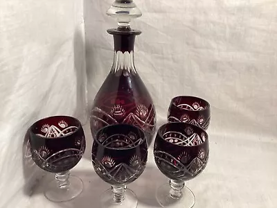 Buy Bohemian Ruby Red Crystal Cut Vintage Decanter Set With Four Glasses • 75£