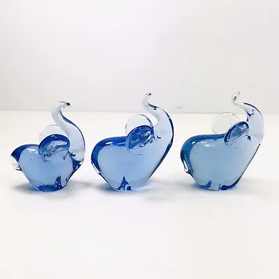 Buy Lot Of 3 Wedgewood Hand Blown Glass Elephant Paperweight/ Figurine Blue-Trunk Up • 26.56£