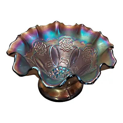 Buy Carnival Glass Amethyst Pedestal Bowl Double Stem Rose Pattern Ruffled Edge Vtg • 15.99£