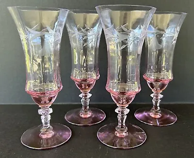 Buy Central Glass Works Lavender Fluted Glasses 6  Grey Cut Floral Depression Era • 48.04£