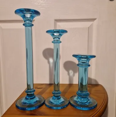 Buy Set Of 3 Beautiful Blue Glass Candlesticks Handmade Ascending Set • 76£