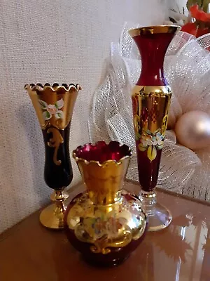 Buy Bohemian Red Glass Vases With Gold Decoration X3 Assorted • 18£