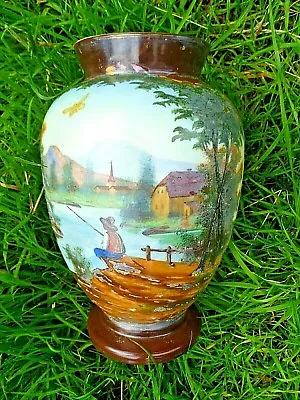 Buy Antique Victorian Large Opaque Milk Glass Vase Hand Painted  13  Country Fishing • 55£