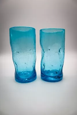 Buy 2 Vtg MCM Dimpled Crackle Blown Glass Tumblers Glasses Aqua Blue Pilgrim Rainbow • 30.36£