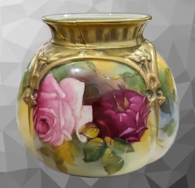 Buy Antique Royal Worcester Hand Painted Floral Hadley Roses M. Hunt Gilt Vase A/F • 35£