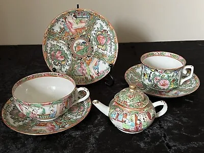 Buy Antique Chinese Canton Famille Rose Tea Pot, 2 X Tea Cups & 3 X Saucers (6 Pcs) • 125£