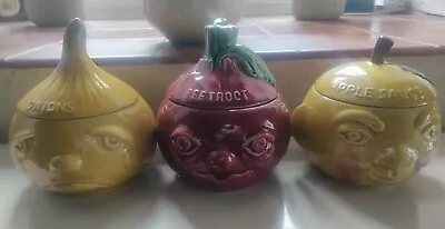 Buy Set Of 3 Vintage Portugal Face Shaped Kitchen Kitsch Pottery Lidded Storage Jar • 5.99£