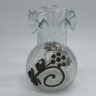 Buy Vintage Crackle Clear Glass Ruffled Vase 3D Metal Trim Flower Flower Decor • 19.20£
