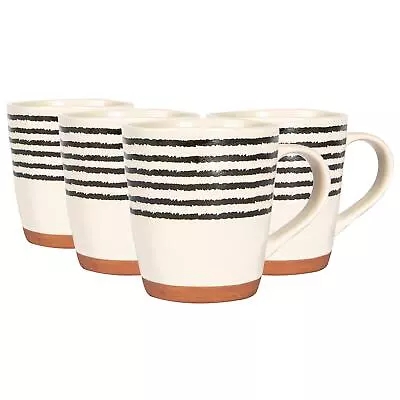 Buy 4x Stripe Rim Stoneware Coffee Mugs Large Rustic Tea Cups Set 360ml Monochrome • 14£