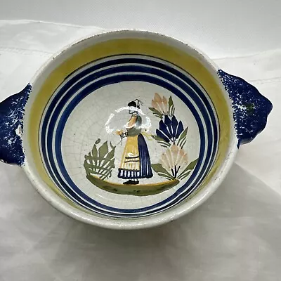 Buy Quimper Henriot Breton Woman Bowl With Blue  Lugged Handles • 30.76£