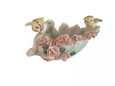 Buy Vintage YELLOW Bird Planter PINK ROSES Mid Century Ceramic Cute Kitsch Figurine • 9.46£