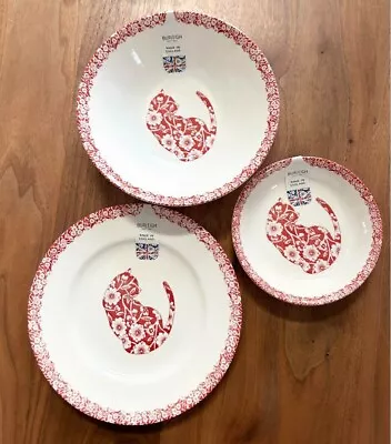 Buy Burleigh Red Calico Cat Cereal Bowl 16cm Plate 17.5cm Butter Pad 12cm 3 Set • 217.35£