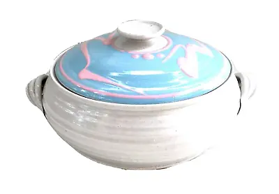 Buy Hand Thrown Studio Art Pottery Casserole With Handles & Lid - Pink & Blue • 32.23£
