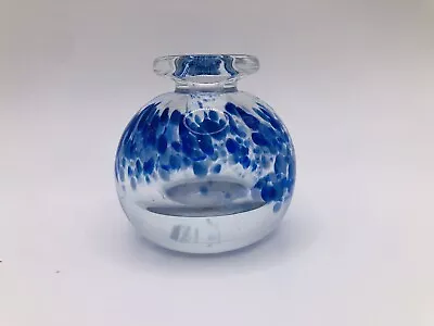 Buy Vintage 80’s Hand Blown Glass Art Round Bud Vase, Blue Confetti, Signed • 18.24£