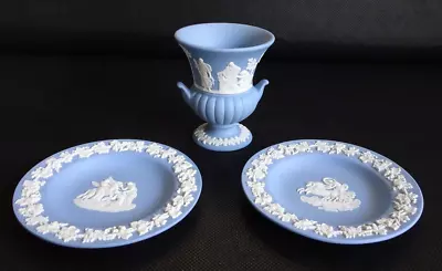 Buy Trio Of Vintage Wedgewood Blue Jasperware, Two Pin Dishes & Urn • 8.95£