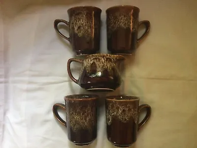 Buy Vintage Fosters Cornish Pottery Brown Honeycomb Drip Glaze Mugs & Milk Jug • 25£