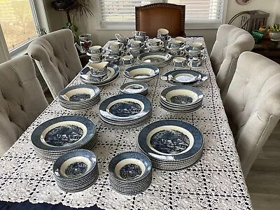 Buy Vintage Currier & Ives Blue And White Dinnerware Set, Plates, Bowls, Cups, C & S • 1,111.68£