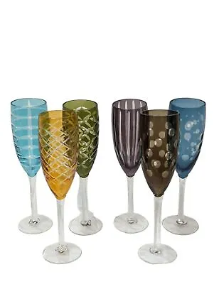 Buy POLS POTTEN 6 Piece Mixed Pattern Cut Coloured Champagne Glasses NEW • 64£