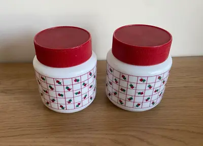 Buy 2 X Vintage / Retro Red / White & Green Milk Glass 80's Storage Jars With Lids • 13.99£