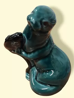 Buy Vintage Poole Pottery Otter With Fish Blue Glazed  Figurine Ornament • 15£