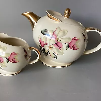 Buy ELLGREAVE BURSLEM ENGLAND Vintage 1940 - 1950 Teapot & Jug Magnolia & Butterfly • 24£
