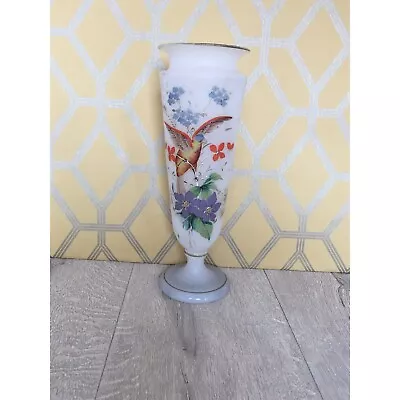 Buy Painted Bird Vase DAMAGED - Bohemian Czech Glass -white Satin Finish Glass Vase • 13£