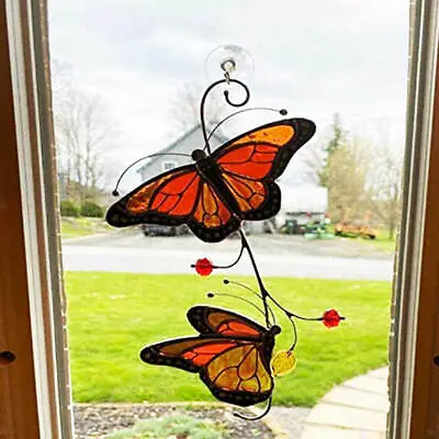 Buy Butterfly Suncatcher Stained Glass Ornaments Window Hanging Decor Orange • 14.63£