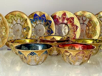 Buy Superb 6 Antique Moser Bowls And Underplates With Heavy Raised Gold Enamel • 2,017.53£