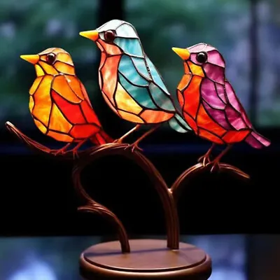 Buy Stained Glass Birds On Branch Desktop Ornament Metal Vivid Craft Desktop Decor • 9.19£