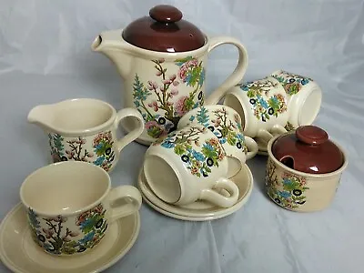 Buy 13 Pcs Mid Century Stoneware Coffee Set, Oriental Floral Motif, 1970's Vintage • 35£