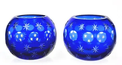 Buy Bohemian Cobalt Blue Cut To Clear Flashed Glass Candle Votive Tea Light Holders • 18.96£