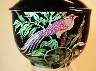 Buy Toyo Black Ceramic Lidded Bowl Hand Painted Green Leaves With Pink Bird • 33.63£