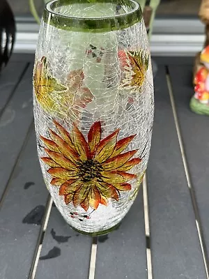 Buy Flowers & Leaves Vase Clear Crackle Glass  Hand Painted Cylindrical Green • 17.29£