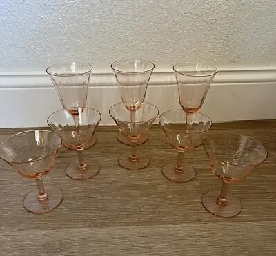 Buy Eight Vintage Pink Depression Era Stemmed Glasses Wine Champagne Glasses • 44.35£