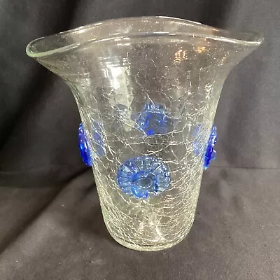 Buy Vintage 9.5” Tall Blenko Crackle Glass Clear Vase W/ Applied Blue Flowers MCM • 38£
